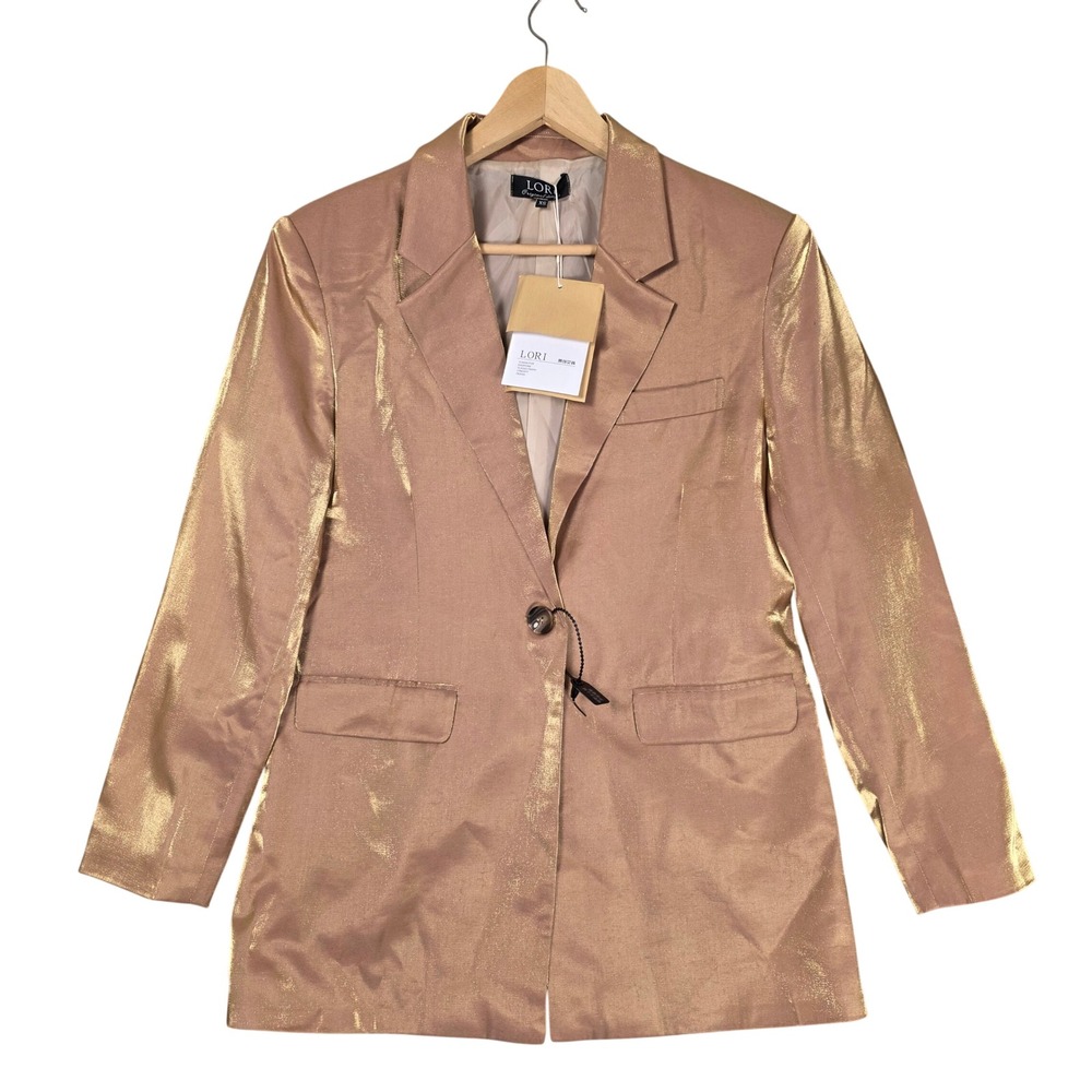 LORI Shimmery Single Breasted Metallic Gold Suit Jacket Womens XS New Luxury